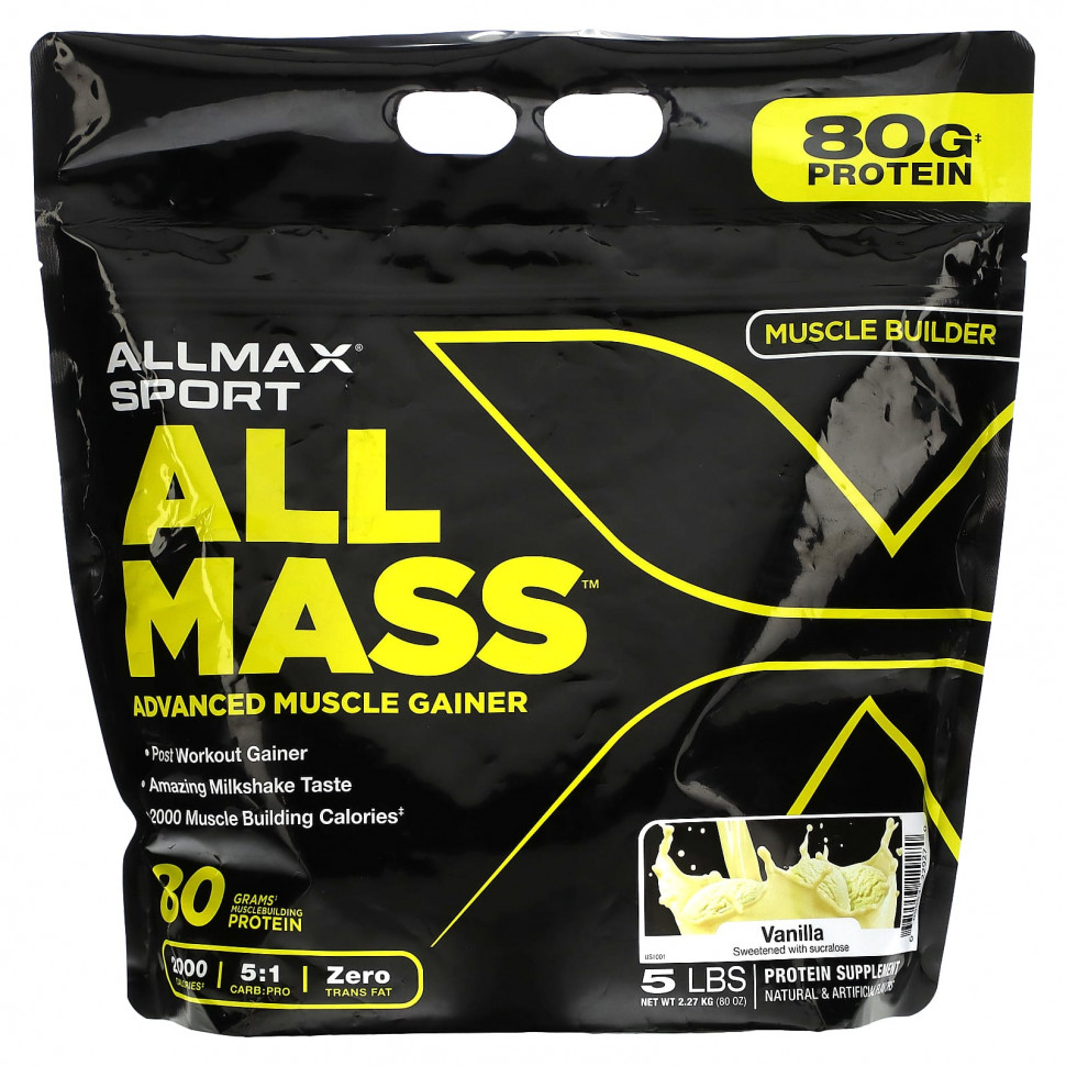  ALLMAX, Sport, All Mass, Advanced Muscle Gainer, Vanilla, 5 lbs, 2.27 kg (80 oz)    -     , -, 