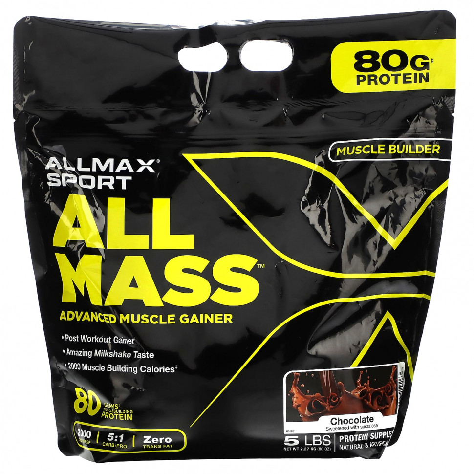  ALLMAX, Sport, All Mass, Advanced Muscle Gainer, Chocolate, 5 lbs, 2.27 kg (80 oz)    -     , -, 