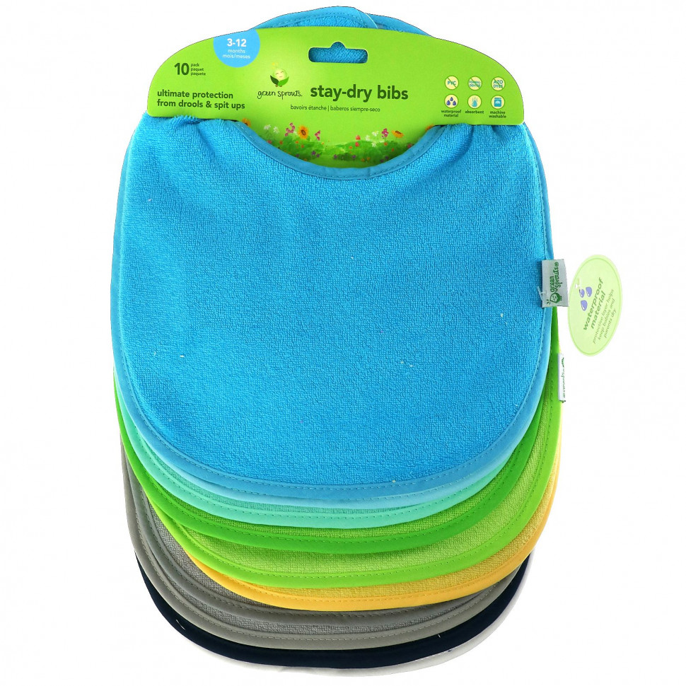  Green Sprouts, Stay-dry Infant Bibs, 3-12 Months, Aqua, 10 Pack    -     , -, 