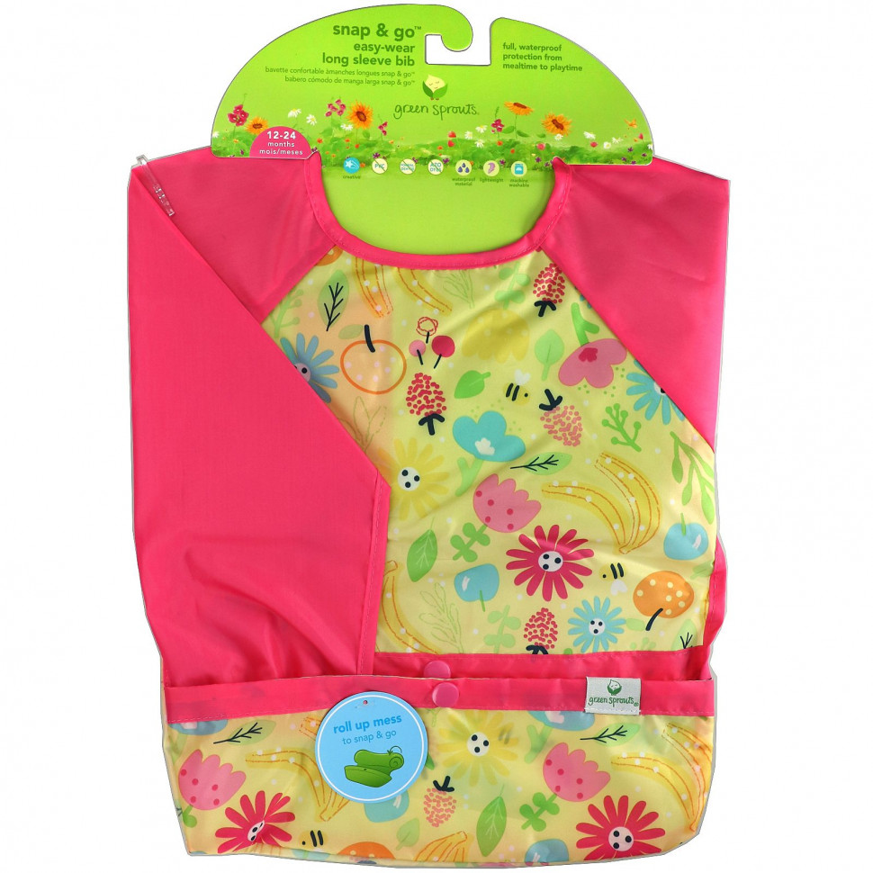  Green Sprouts, Snap & Go Easy Wear Long Sleeve Bib, Pink Bee Floral    -     , -, 