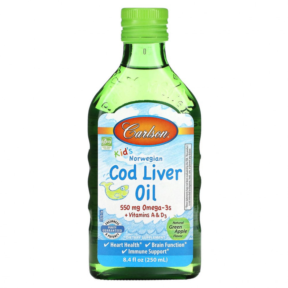  Carlson, Kids Cod Liver Oil, Natural Green Apple , 550 mg, 8.4 fl oz (250 ml)    -     , -, 