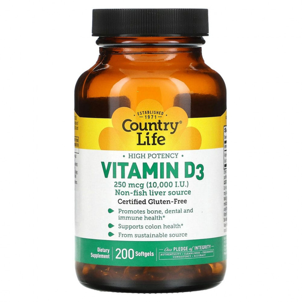  Country Life, Vitamin D3, High Potency, 250 mcg (10,000 IU), 200 Softgels    -     , -, 