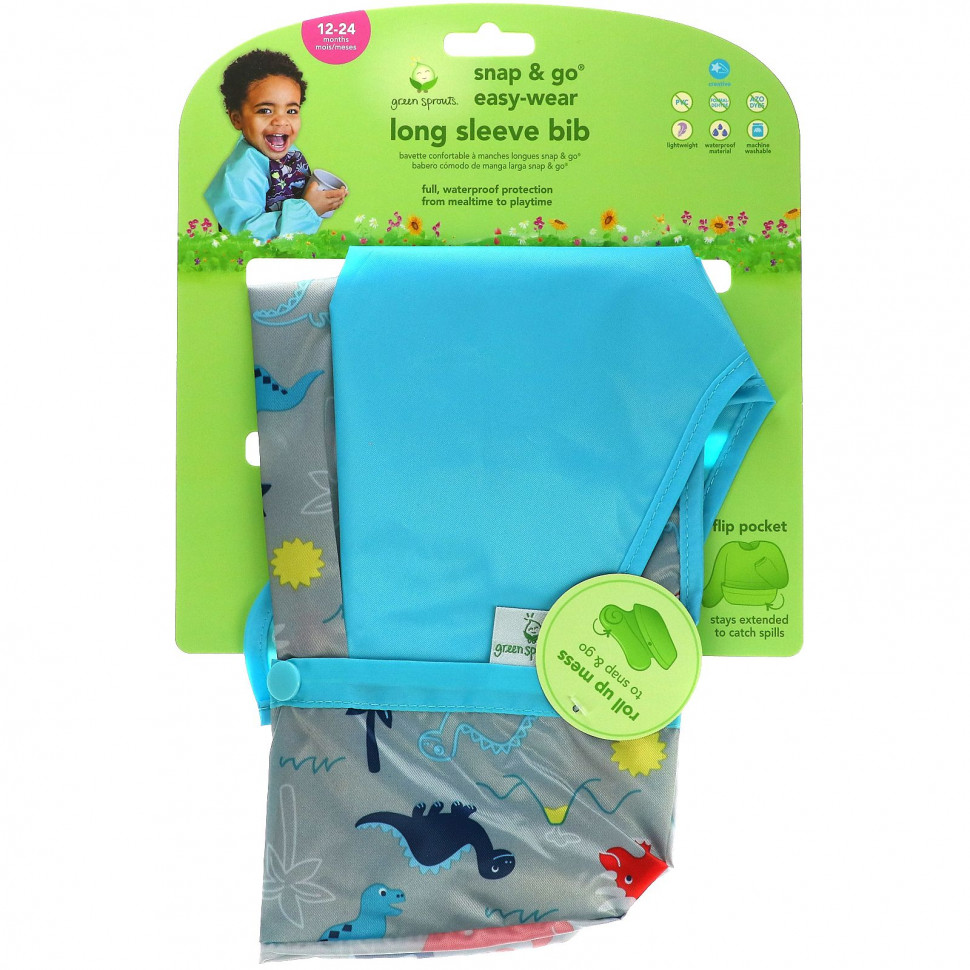 ������ ������ Green Sprouts, Snap & Go Easy Wear Long Sleeve Bib, Aqua Diasour  IHerb (������) ����