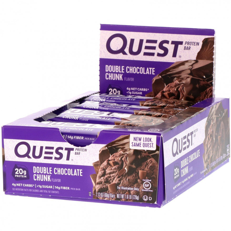  Quest Nutrition, QuestBar, Protein Bar, Double Chocolate Chunk, 12 Bars, 2.12 oz (60 g) Each    -     , -, 