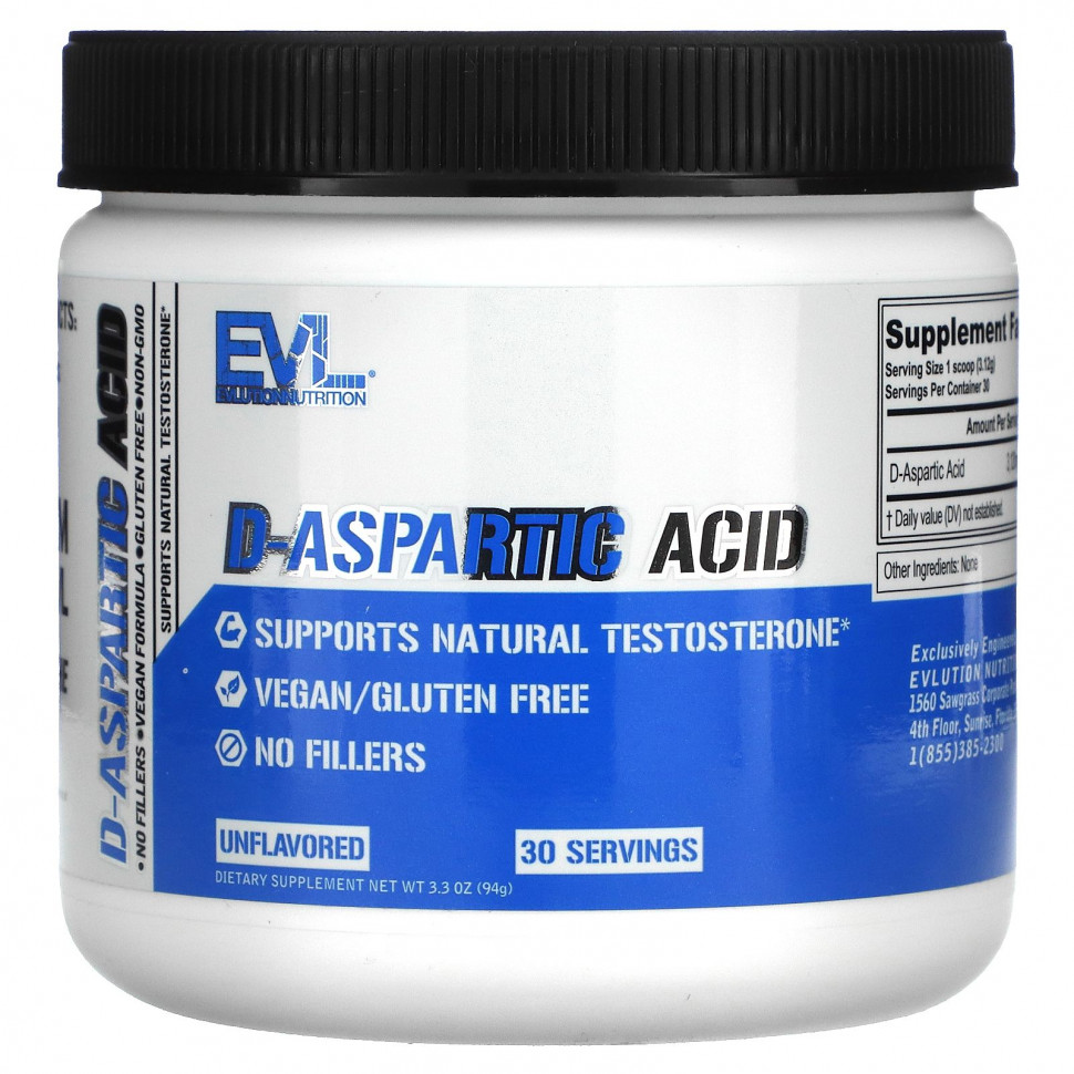  EVLution Nutrition, D-Aspartic Acid, Unflavored, 3.3 oz (94 g)    -     , -, 