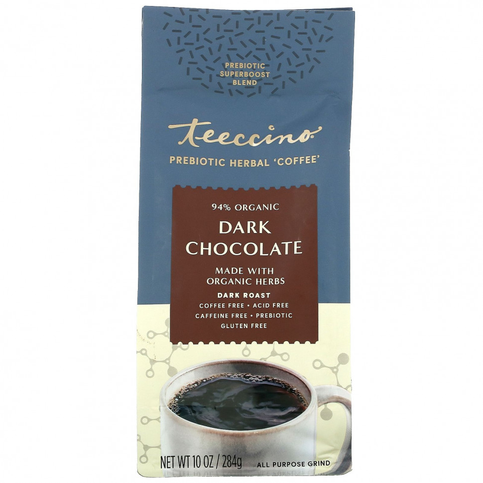  Teeccino, Prebiotic Herbal Coffee, Dark Roast, Caffeine Free, Dark Chocolate, 10 oz (284 g)    -     , -, 