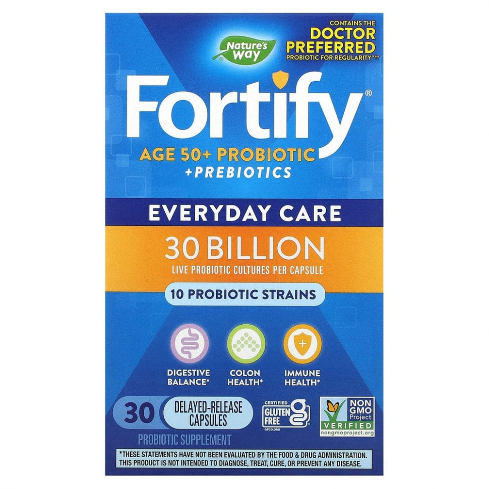  Nature's Way, Fortify, Age 50+ Probiotic + Prebiotics, Everyday Care, 30 Billion, 30 Delayed-Release Veg. Capsules    -     , -, 