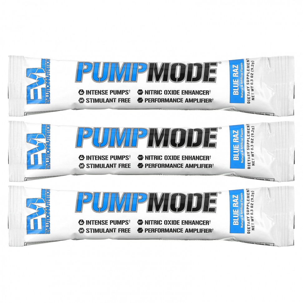 ������ ������ EVLution Nutrition, Pump Mode, Blue Raz, 3 ������� �� 9,2 � (0,3 �����)  IHerb (������) ����