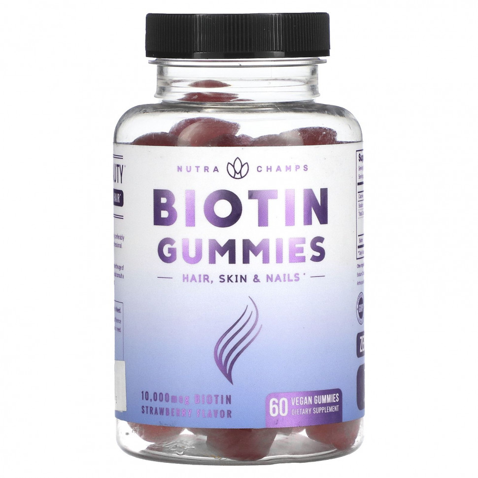  NutraChamps, Biotin Gummies, Strawberry, 5,000 mcg, 60 Vegan Gummies    -     , -, 