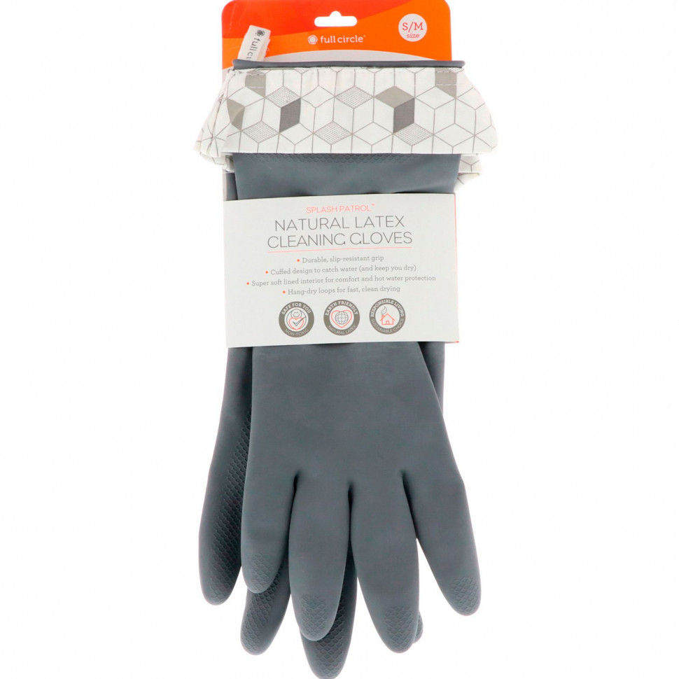  Full Circle, Splash Patrol, Natural Latex Cleaning Gloves, Grey, Size S/M    -     , -, 