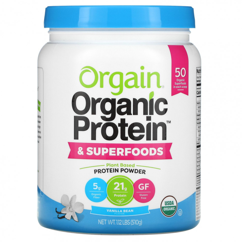  Orgain, Organic Protein + Superfoods Powder, Plant Based Protein Powder, Vanilla Bean, 1.12 lb (510 g)    -     , -, 