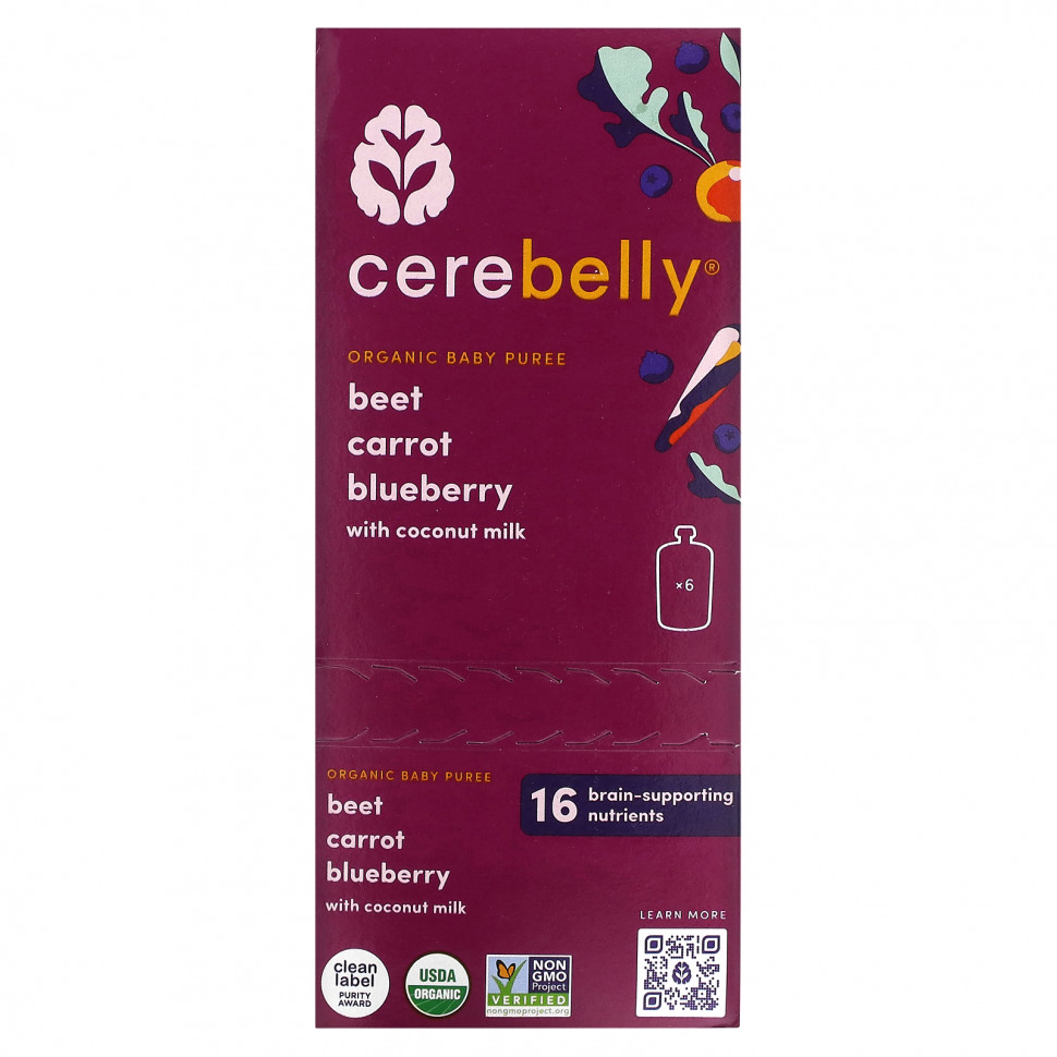  Cerebelly, Organic Baby Puree, Beet, Carrot, Blueberry With Coconut Milk, 6 Pouches, 4 oz (113 g) Each    -     , -, 