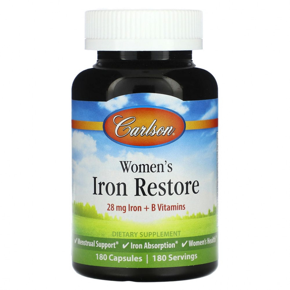  Carlson, Women's Iron Restore, 28 mg Iron + B Vitamins, 180 Capsules    -     , -, 