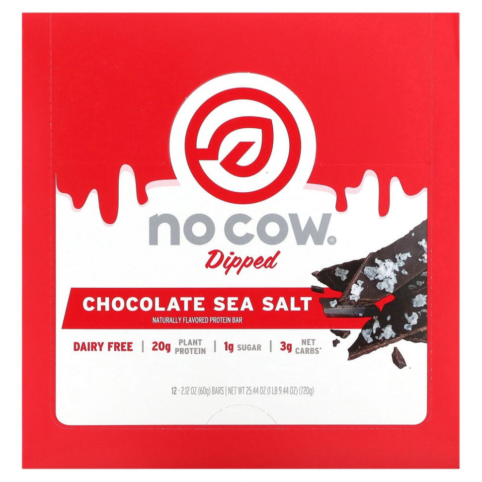  No Cow, Dipped Protein Bar, Chocolate Sea Salt, 12 Bars, 2.12 oz (60 g) Each    -     , -, 