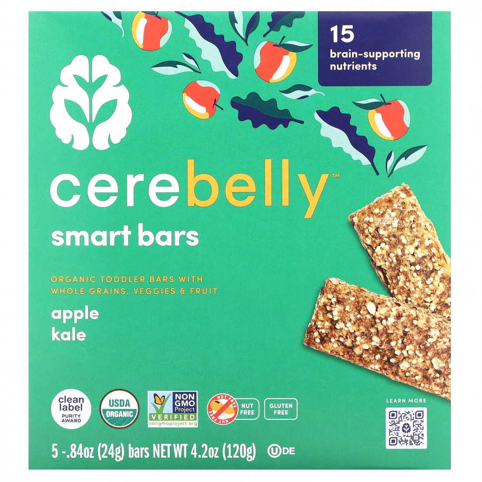  Cerebelly, Smart Bars, Organic Toddler Bars, Apple Kale, 5 Bars, 0.84 oz (24 g) Each    -     , -, 