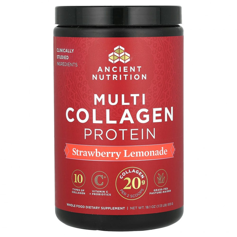   Dr. Axe / Ancient Nutrition, Multi Collagen Protein, Strawberry Lemonade, 1.18 lbs (535.5 g)  IHerb () 