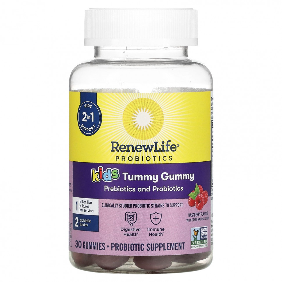  Renew Life, Kids Tummy Gummy, Prebiotics and Probiotics, Raspberry, 30 Gummies    -     , -, 