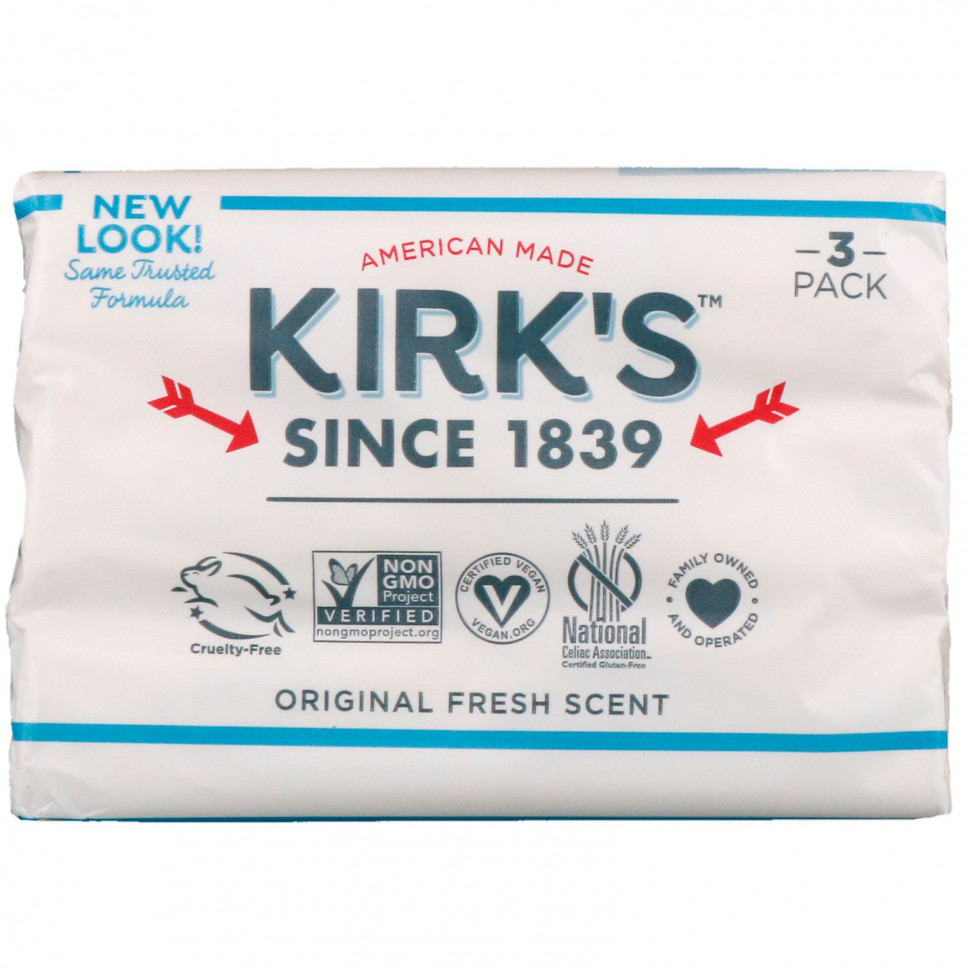  Kirk's, Gentle Castile Soap Bar, Original Fresh Scent, 3 Bars, 4 oz (113 g) Each    -     , -, 