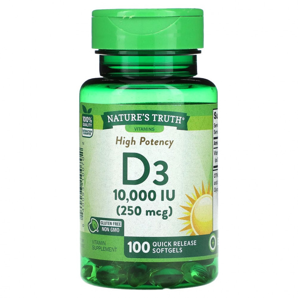  Nature's Truth, Vitamin D3, High Potency, 250 mcg (10,000 IU), 100 Quick Release Softgels    -     , -, 