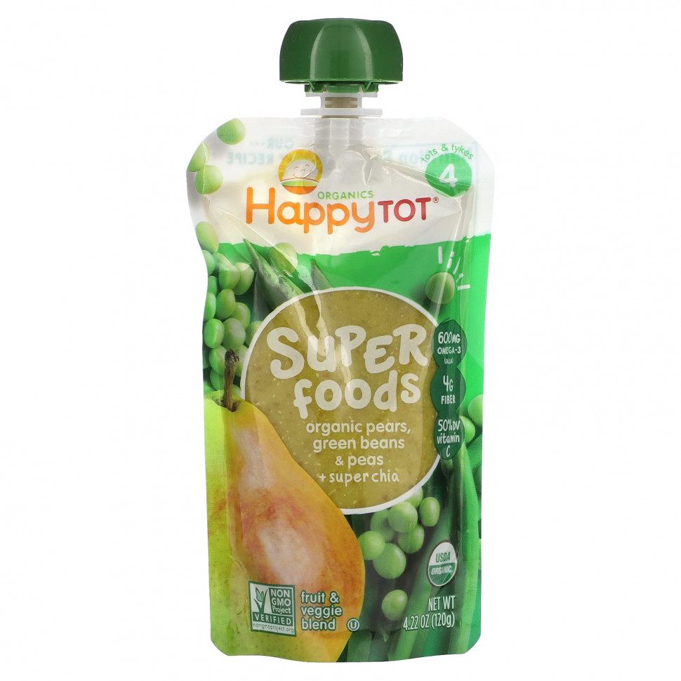  Happy Family Organics, Happytot, Superfoods, Organic Pears, Green Beans & Peas + Super Chia, 4.22 oz (120 g)    -     , -, 
