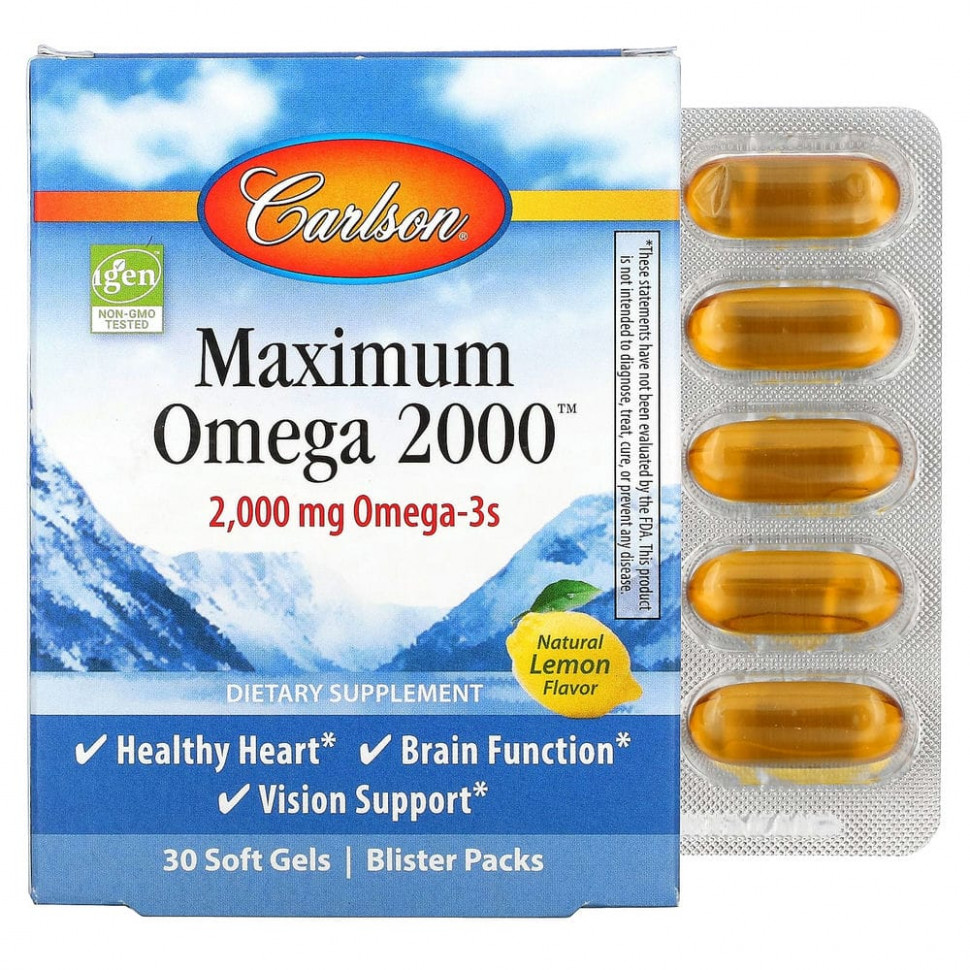  Carlson Labs, Maximum Omega 2000, Natural Lemon, 1,000 mg, 30 Softgels    -     , -, 