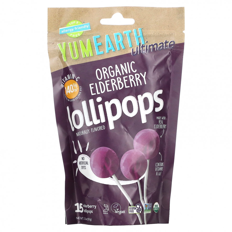 ������ ������ YumEarth, Ultimate, Organic Elderberry Lollipops, 15 Lollipops, 3.3 oz (93 g)  IHerb (������) ����