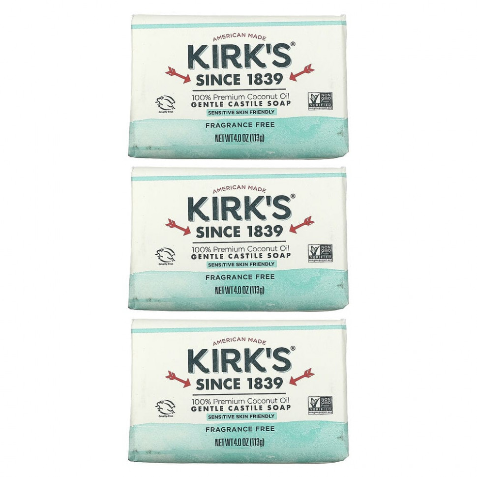  Kirk's, Gentle Castile Soap Bar, Fragrance Free, 3 Bars, 4.0 oz (113 g) Each    -     , -, 