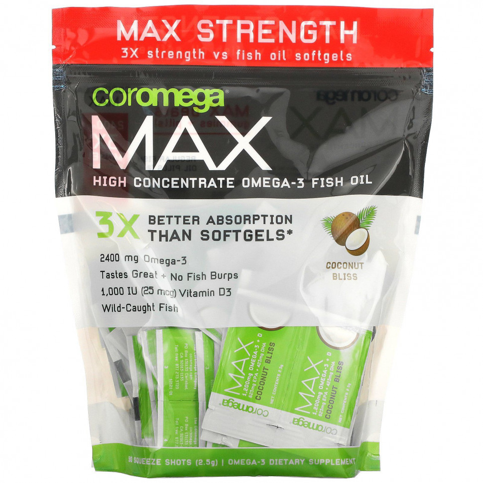  Coromega, Max High Concentrate Omega-3 Fish Oil, Coconut Bliss, 90 , 2,5      -     , -, 