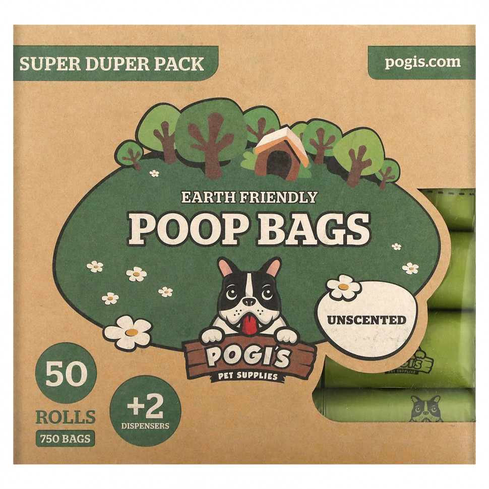  Pogi's Pet Supplies, Earth Friendly Poop Bags, Super Duper Pack, Unscented, 50 Rolls, 750 Bags, 2 Dispensers    -     , -, 