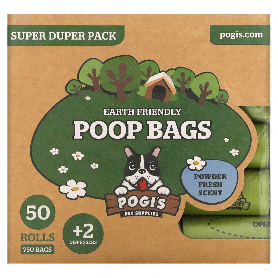  Pogi's Pet Supplies, Earth Friendly Poop Bags, Super Duper Pack, Powder Fresh, 50 Rolls, 750 Bags, 2 Dispensers    -     , -, 