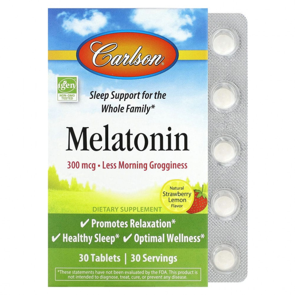  Carlson, Melatonin, Natural Strawberry Lemon , 300 mcg, 30 Tablets    -     , -, 