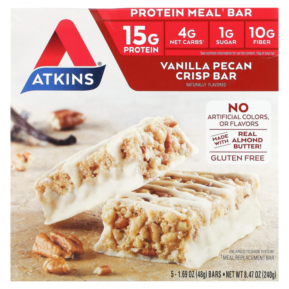  Atkins, Protein Meal Bar, Vanilla Pecan Crisp Bar, 5 Bars, 1.69 oz (48 g) Each    -     , -, 