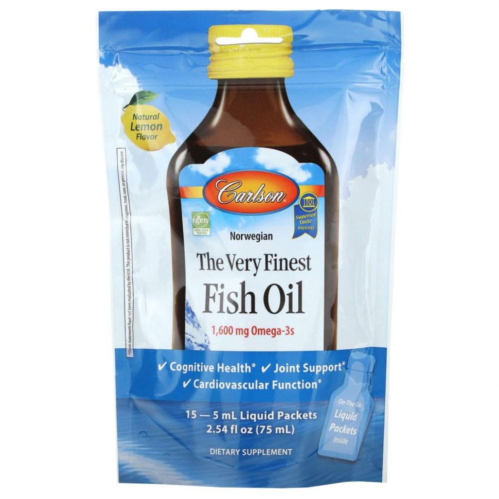  Carlson, Norwegian, The Very Finest Fish Oil, Natural Lemon, 1,600 mg, 15 Packets, (5 ml) Each    -     , -, 