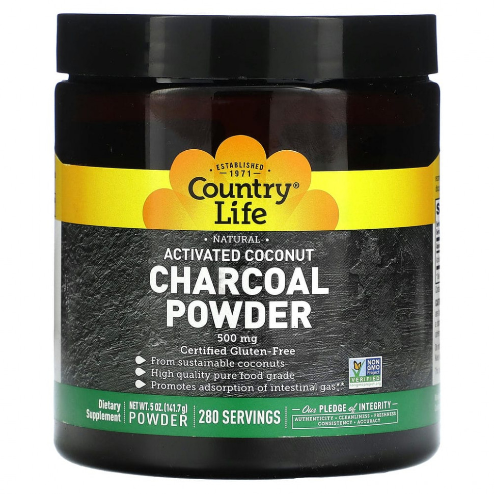  Country Life, Natural Activated Coconut Charcoal Powder, 500 mg, 5 oz (141.7 g)    -     , -, 