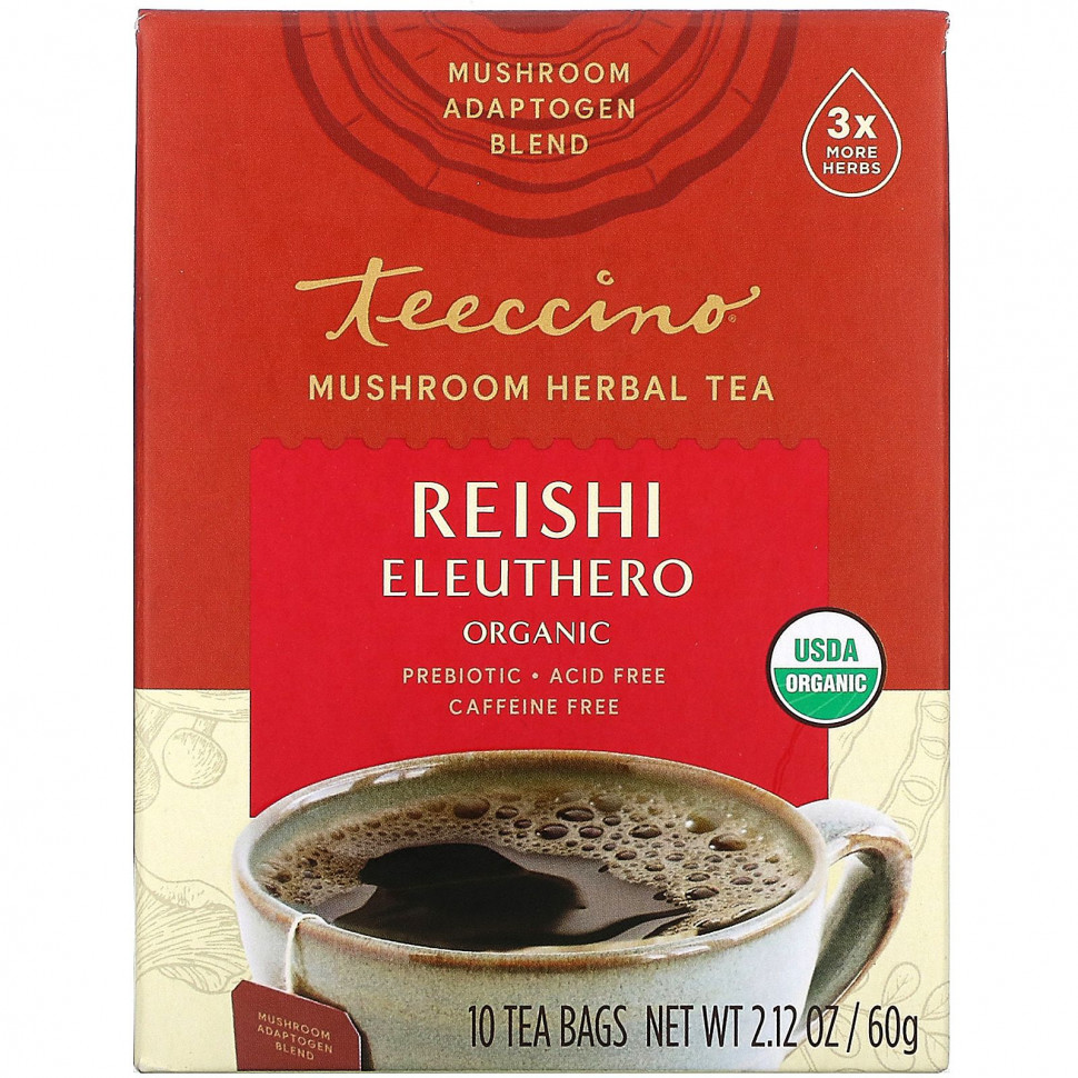  Teeccino, Mushroom Herbal Tea, Organic Reishi Eleuthero, French Roast, Caffeine Free, 10 Tea Bags, 2.12 oz (60 g)    -     , -, 