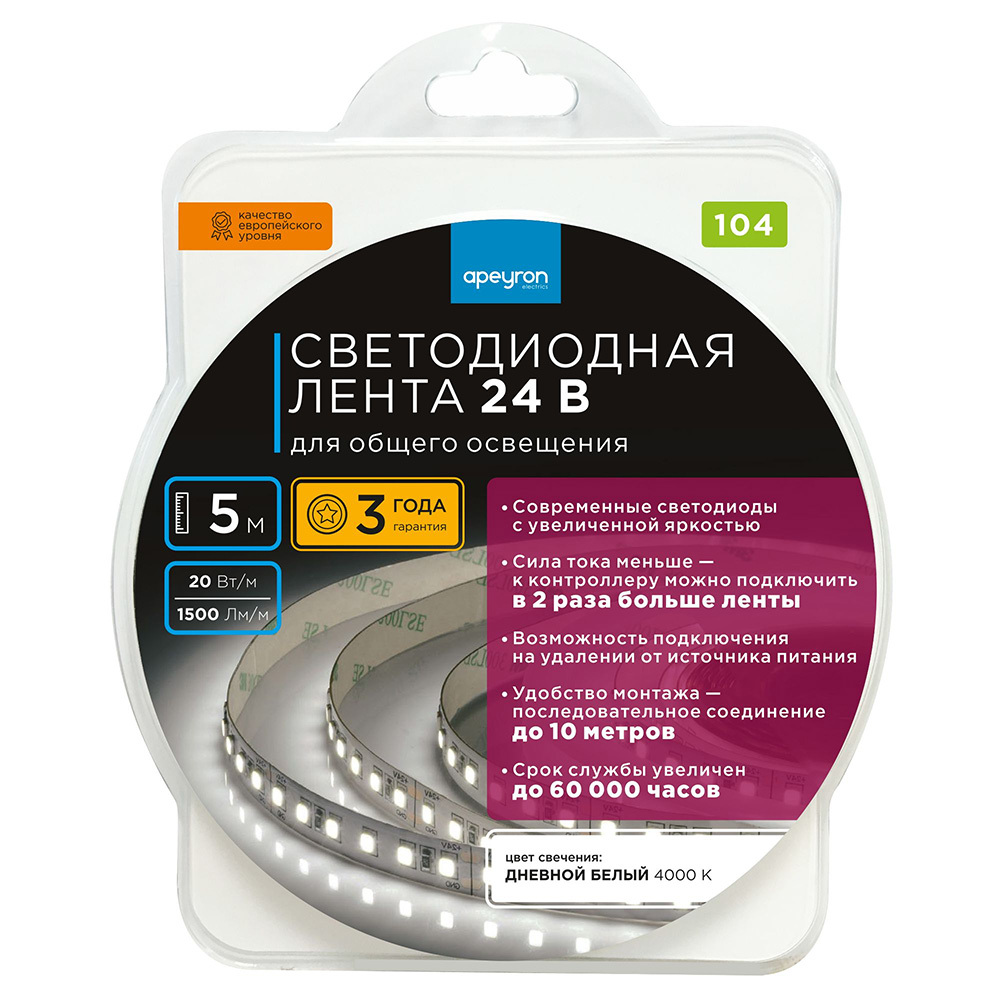 ������ ������ ����� ������������ SMD 2835 4000� 24 � 20 ��/� 5 � IP20 Apeyron (104��)   ����