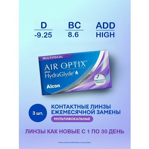 ������ ������ ���������� ����� �� ����� Alcon Air Optix Plus HydraGlyde Multifocal, 3 ��., R 8,6, D -9,25, ADD: �������, 1 ��. ����