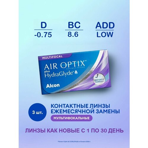 ������ ������ ���������� ����� �� ����� Alcon Air Optix Plus HydraGlyde Multifocal, 3 ��., R 8,6, D -0,75, ADD: ������, 1 ��. ����