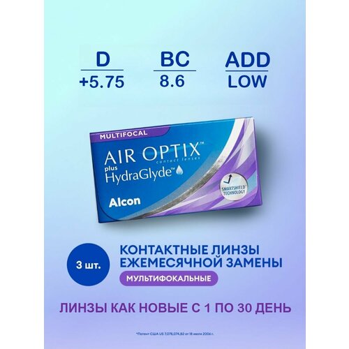 ������ ������ ���������� ����� �� ����� Alcon Air Optix Plus HydraGlyde Multifocal, 3 ��., R 8,6, D +5,75, ADD: ������, 1 ��. ����