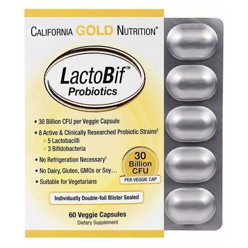 ������ ������ California Gold Nutrition LactoBif ����., 30 ���� ���, 130 �, 60 ��., �����������, 1 ��. ����