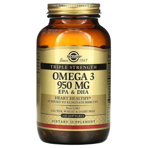 ������ ������ Solgar, Omega 3, EPA & DHA, Triple Strength, 950 mg, �����-3, ��� � ���, ������� ������������, 950 ��, 100 ������ ����